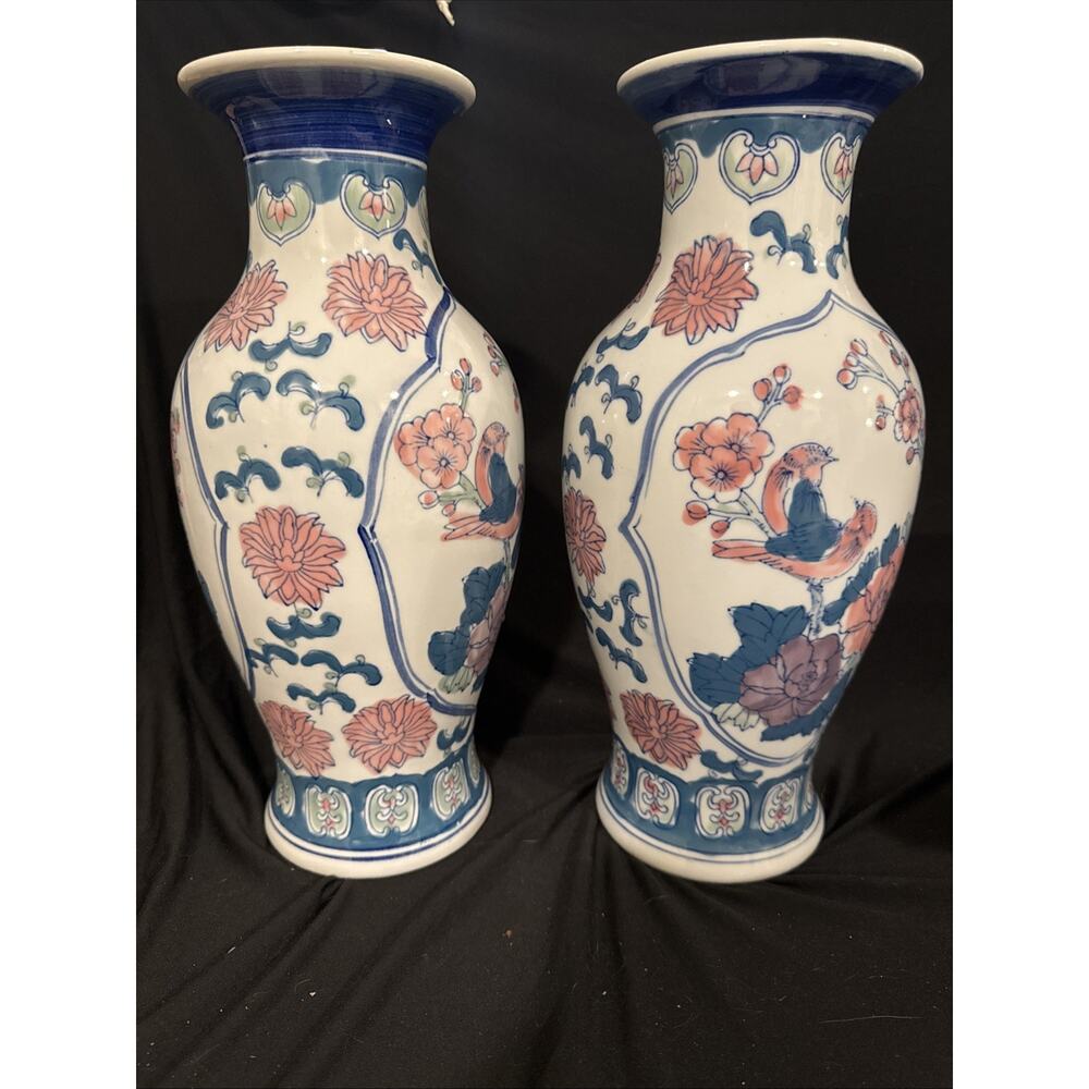 A Chinese Famille Rose Porcelain 2 Birds Peony Vase. 14” Tall Set